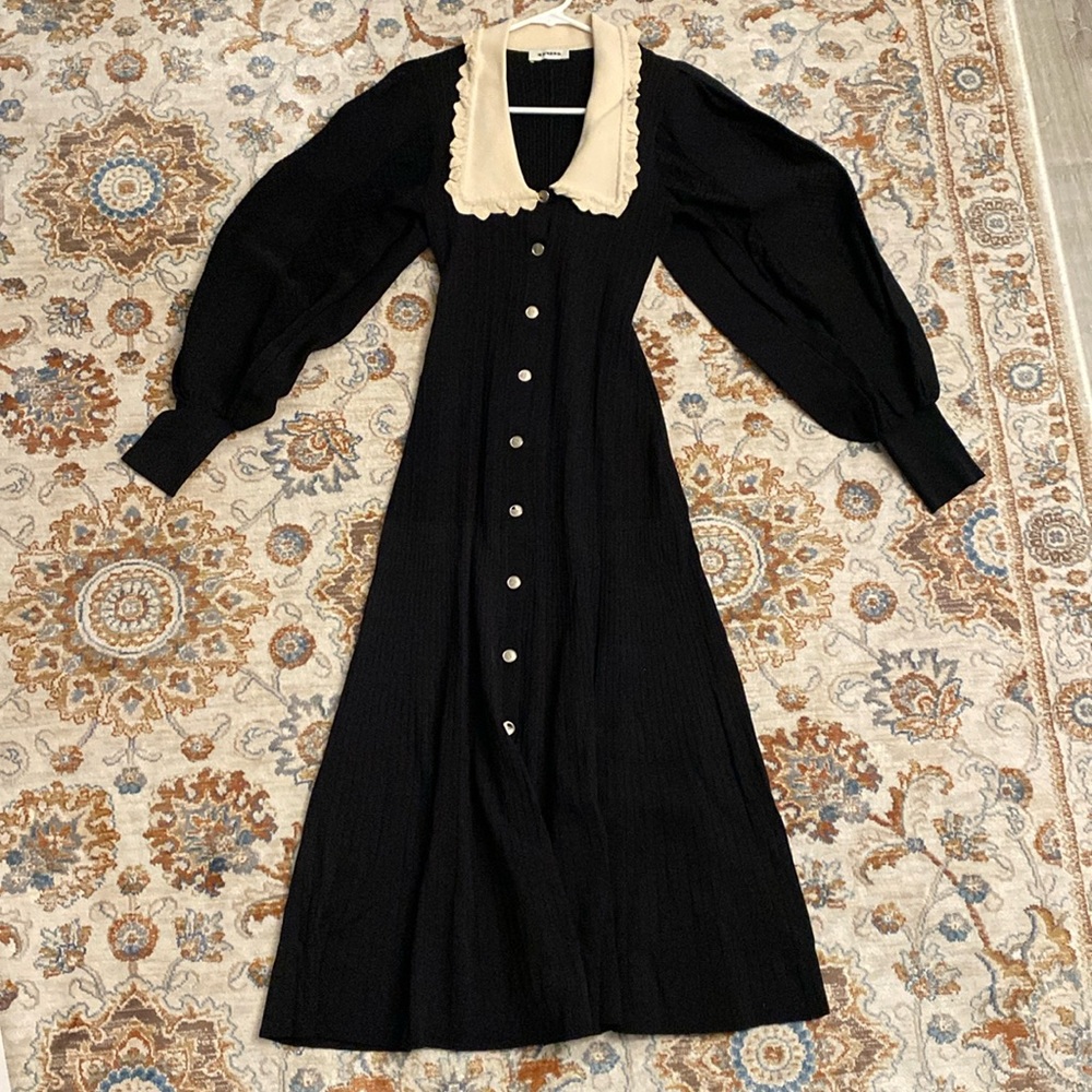 Sandro 2-tone Puff Sleeve Midi Knit Dress - Picture 3 of 8